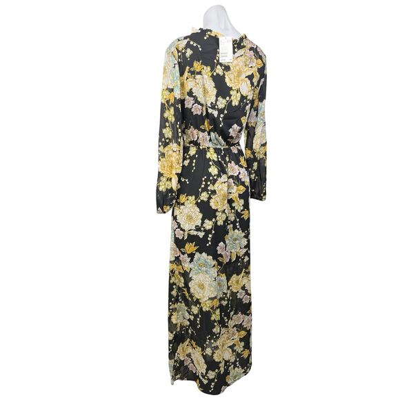 NEW H&M Black Multicolor Floral Ruffle Tassel V-neck Long Sleeve Maxi Dress Sz 2 - Picture 4 of 7